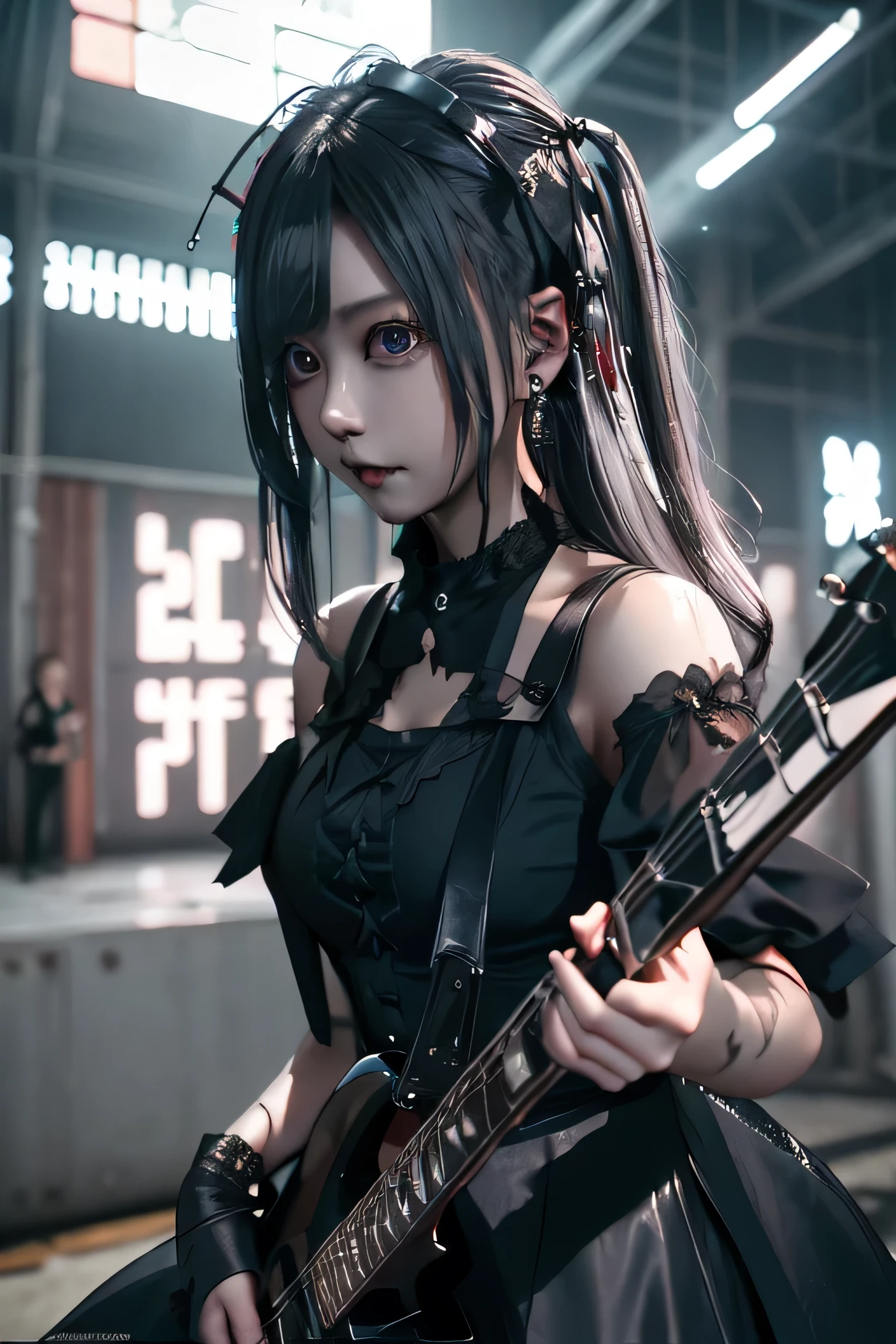 guitarplayer,One girl, blonde twin-tail hair,((look at front))) wearing a black shiny gothic dress (shiny fabric, feels wet), lots of metal accessories, playing guitar,sunny stage in the background.