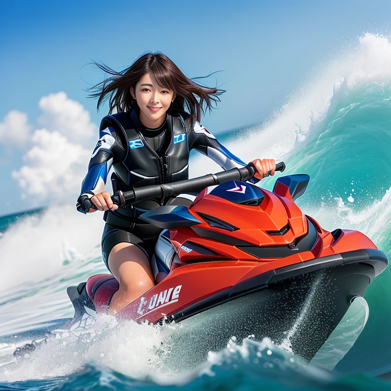 Photo-realistic quality、woman ライディング a jet ski on a wave in the ocean, Beautiful Japanese Model,  Riding the wind and waves,  Speed across the ocean on a jet ski,looking at the camera、Detailed and beautiful eyes、Cute smile、A soft and gentle look