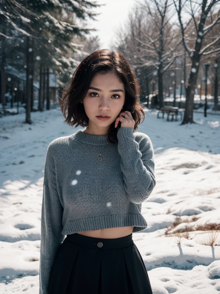(Beauty shot:1.4), (Best quality:1.5), blue sky, (snowing:1.2), 23y, 1girl, indonesian, (tight breast), long sleeve sweater and skirt, (cute face:1.4), wavy short hair blowing in the wind, dramatic selfie posing in meadow with wild plants, kodacrhome, cinematic lighting, beautiful shadow, sunlight, aesthetic, ultra highres, sharp focus, highly detailed, detailed face and eyes, perfect object, film bokeh, surreal view, shot by eos c with 35mm lens, movie angle, Portrait by annie leibovitz, midjourney v6