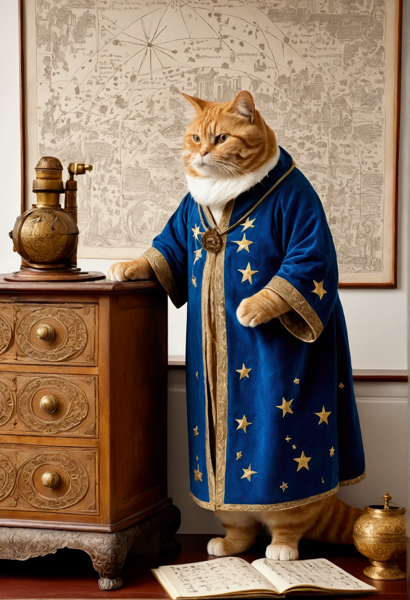 The drawing is of the highest quality, extremely clear, the highest degree of detail, maximum attention to detail, a fat ginger cat, standing on its hind legs, half-turned, wearing a blue robe embroidered with gold stars, standing in front of an old carved bureau and mahogany, and making notes in old scrolls, behind it is an old telescope decorated with bronze, on the walls of the room made of rough gray stone are old engravings depicting constellations.