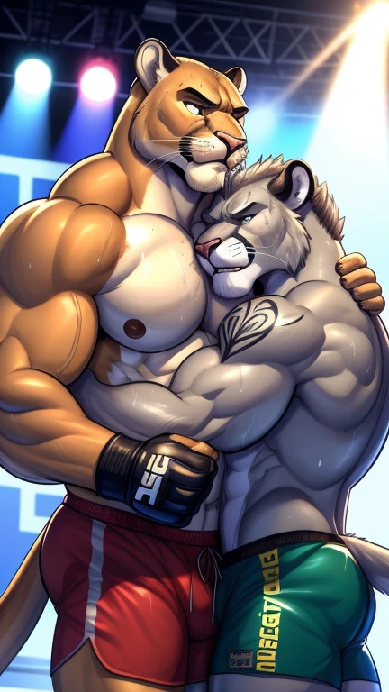 Duo male(Gray Cougar vs Cougar, handsomes, handsome hairstyle, tails, Thick eyebrows, detailed face), gay(Clinch embraced, body with body, cuddling on shoulders, on a UFC match), hot(Shirtless), handsomes(They are handsomes, correct anatomy), musculosos(Big muscle bodies, Six packs, muscle abs, big pecs, muscle backs, muscle legs), sweaty(very sweaty wet bodies, shiny sweat), tatuajes(they have tattoos), grumpy(Both have an grumpy expression, grumpy teeths, steaming breath), UFC gloves(They both are wearing UFC gloves), UFC boxers(they both are wearing ufc boxers), Hight resolution, by(Zourik:1.1)