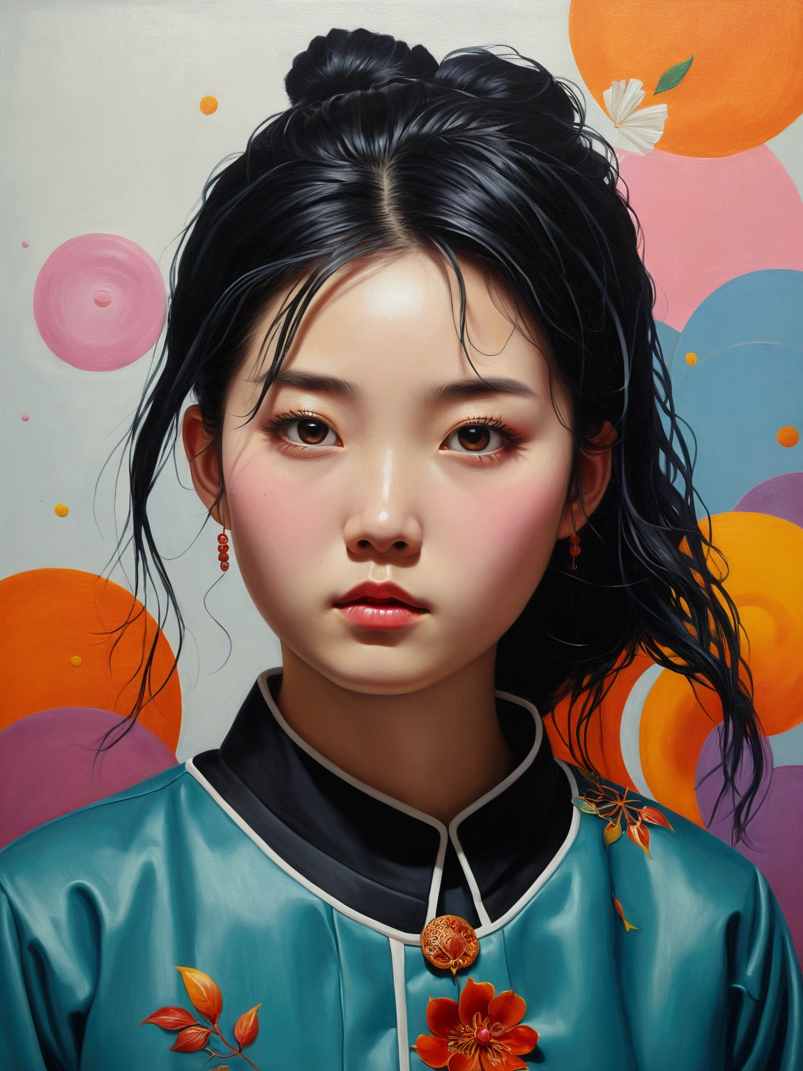OIL PAINTING,(Style by NTY:1.4), girl, art, black hair, intricate, colorful ,Chinese