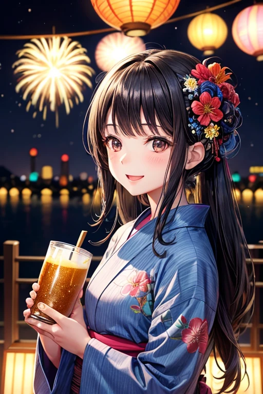 One adult woman,Small ,Black Hair,Medium Long,flower_hair ornaments,Dark brown eyes,light blue_yukata,flower柄_yukata,night,firework,A very happy expression,Mouth wide open,smile,Toasting with beer