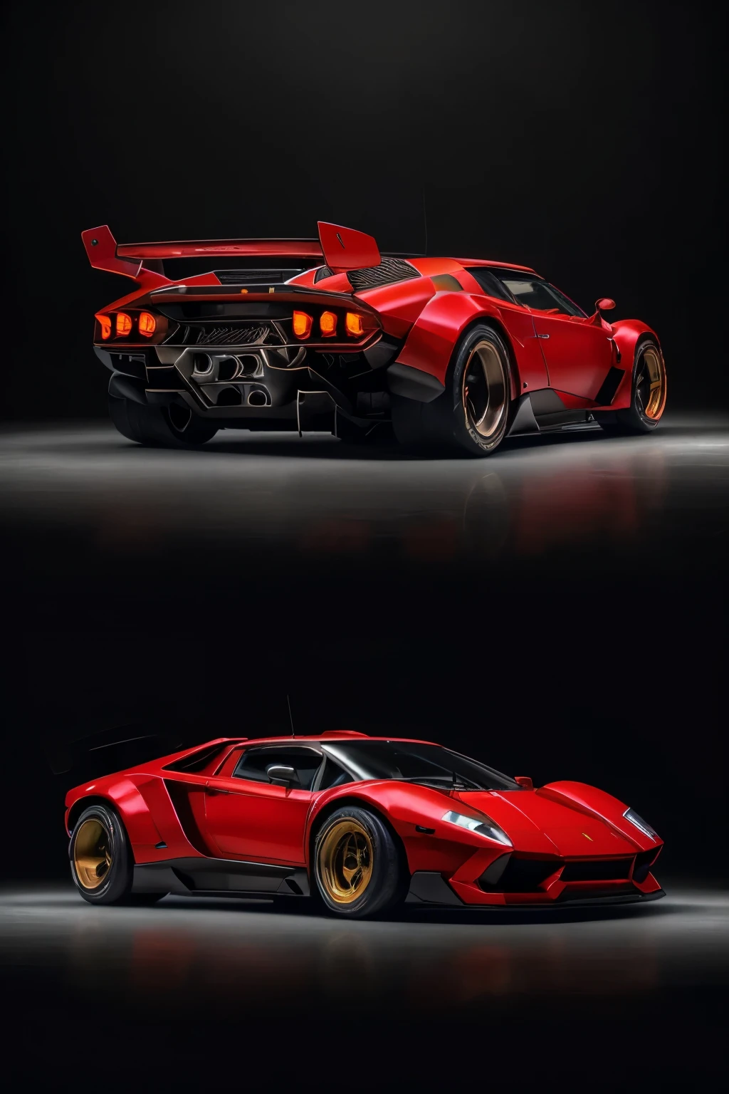 A fusion of Lamborghini Countach and Ferrari Dino, ((deep red)), ((mosaic of lights)), ((dotted curved lines)), ((red velvet inner folder)), ((anchored rear bumpers)), ((impeccable exterior)), ((Retro Futuristic lines)), ((black wheels with wings on the rim)), ((powerful and sophisticated engine)), ((fine details in stainless steel)), ((forward-pulling headlight grille)), ((avant-garde design)), ((Foot