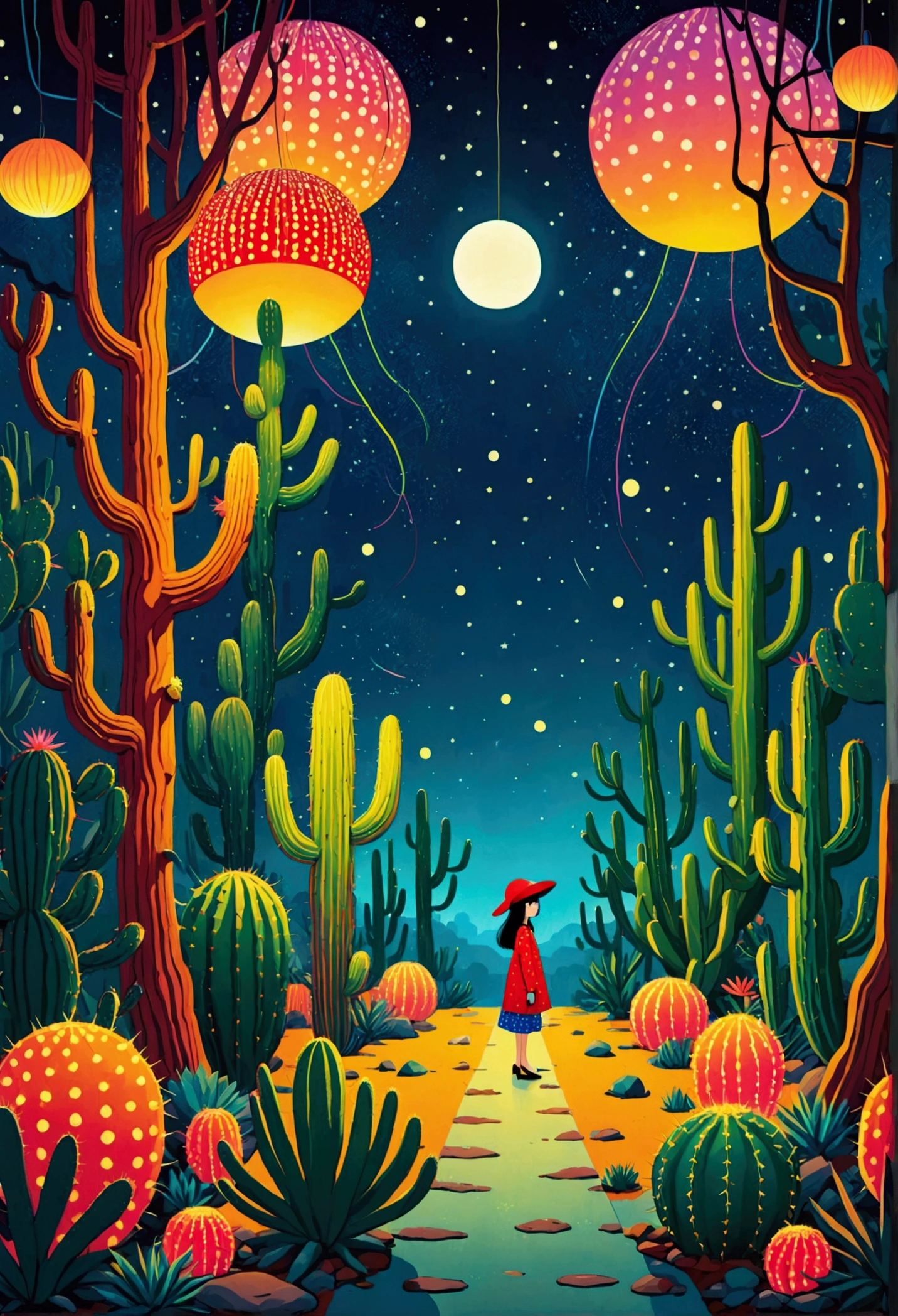 Flat illustration,Dot、line、Neon,cactus,Tree、firefly,Dreamy colors,Illustration style(Artists can refer to Yayoi Kusama)