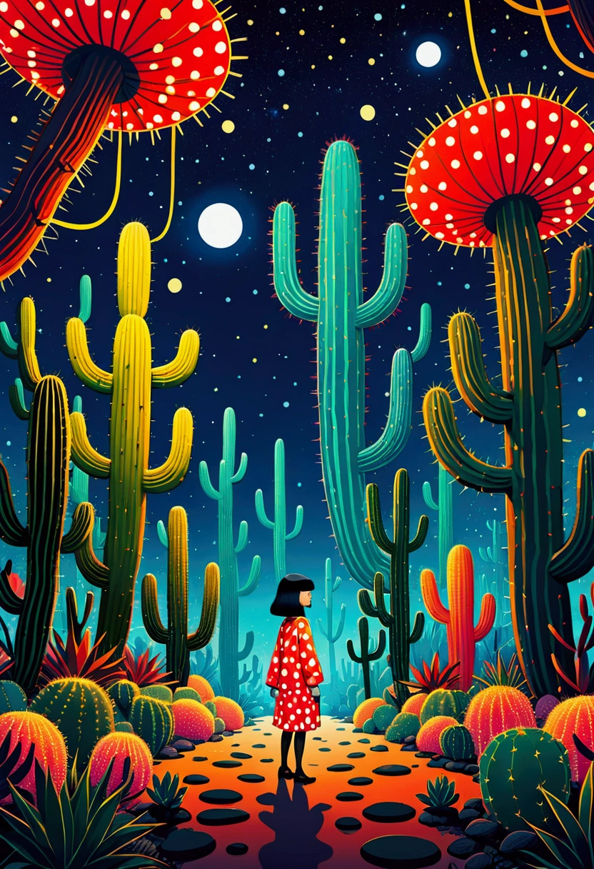 Flat illustration,Dot、line、Neon,cactus,Tree、firefly,Dreamy colors,Illustration style(Artists can refer to Yayoi Kusama)