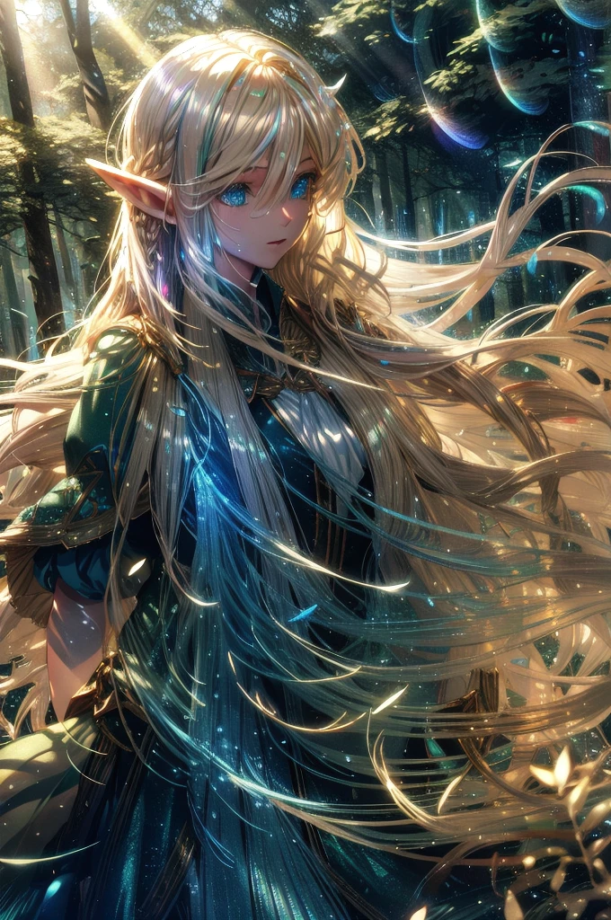 elf women,blond long hair,floating hair,forest,(volumetric light:1.5),(iridescent light:1.2),(glowing:1.2),cowboy shot, 