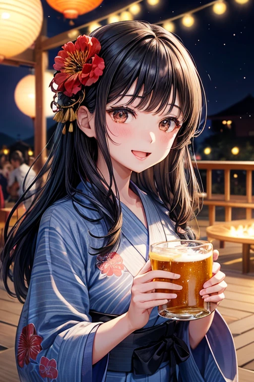 One adult woman,Small ,Black Hair,Medium Long,flower_hair ornaments,Dark brown eyes,light blue_yukata,flower柄_yukata,night,firework,A very happy expression,Mouth wide open,smile,Toasting with beer,Beer bubbles