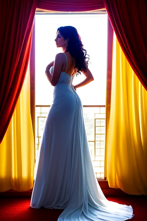 In the heart of a softly lit room, a captivating figure emerges, her radiant presence illuminating the space. She stands proudly, her silhouette accentuated by the fall of a majestic Venezuelan flag made of silk. The flag, adorned with the bold colors and symbols of Venezuela, flows gracefully around her, swaying gently as she moves. Her fairest skin glows under the soft lighting, a testament to her Venezuelan heritage. Her eyes, filled with a sense of pride and love for her country, sparkle like the stars in the Venezuelan flag. She is a picture of elegance and grace, her posture firm and confident, a true embodiment