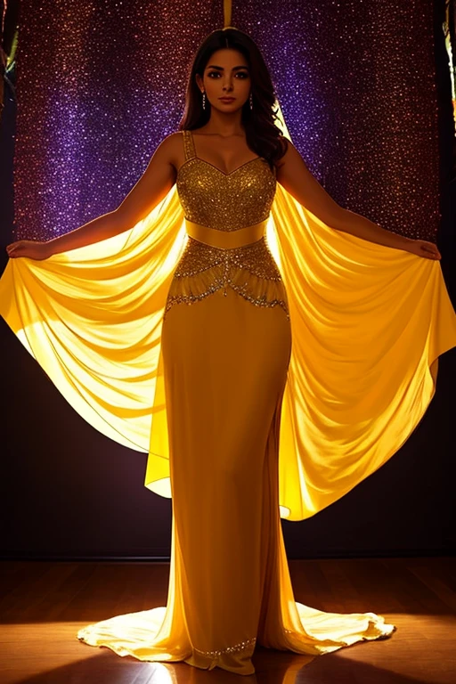 In the heart of a softly lit room, a captivating figure emerges, her radiant presence illuminating the space. She stands proudly, her silhouette accentuated by the fall of a majestic Venezuelan flag made of silk. The flag, adorned with the bold colors and symbols of Venezuela, flows gracefully around her, swaying gently as she moves. Her fairest skin glows under the soft lighting, a testament to her Venezuelan heritage. Her eyes, filled with a sense of pride and love for her country, sparkle like the stars in the Venezuelan flag. She is a picture of elegance and grace, her posture firm and confident, a true embodiment