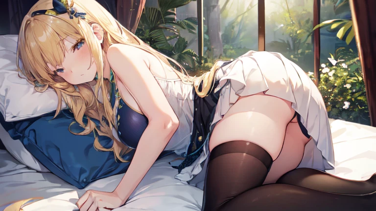 super high quality, Super detailed, Ultra-clear, forest, one person, long blonde hair, sleep, Swimsuit, beautiful color clothes, mini skirt, Stockings, Sexy