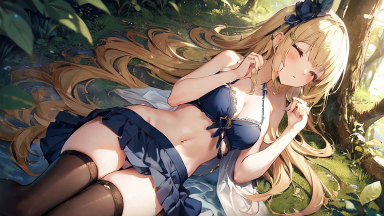 super high quality, Super detailed, Ultra-clear, forest, one person, long blonde hair, sleep, Swimsuit, beautiful color clothes, mini skirt, Stockings, Sexy