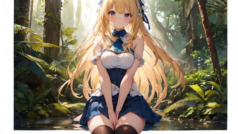 super high quality, Super detailed, Ultra-clear, forest, one person, long blonde hair, sleep, Swimsuit, beautiful color clothes, mini skirt, Stockings, Sexy