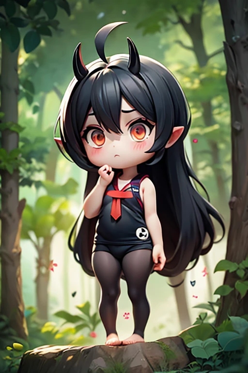 Young Girl,,Mini character,Red eyes,Black Hair,Long Hair,Dark atmosphere,Deformed character,Horns growing,Devil horns,Ahoge,Pale skin,eyes are half closed,Troubled face,Shoulder sticking out,Tight-fitting clothing,Yoga Suit,barefoot,barefoot,School Swimsuit,School swimsuit