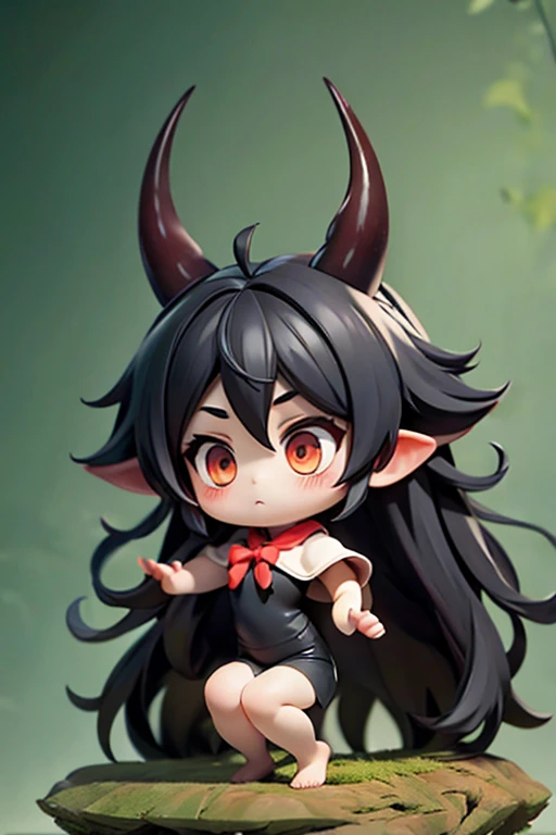 Young Girl,,Mini character,Red eyes,Black Hair,Long Hair,Dark atmosphere,Deformed character,Horns growing,Devil horns,Ahoge,Pale skin,eyes are half closed,Troubled face,Shoulder sticking out,Tight-fitting clothing,Yoga Suit,barefoot,barefoot,School Swimsuit,School swimsuit
