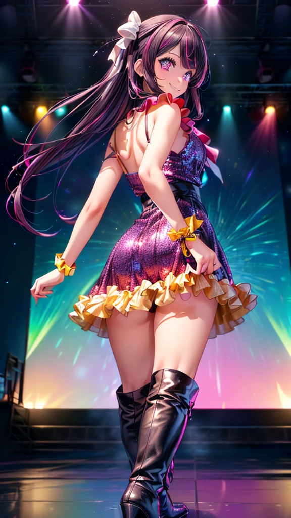 a girl is posing on idol stage, dynamic sexy pose:1.5, spread legs,

 ((1 girl, Hoshino Ai, smiling
slender:1.5, sweat on body:1.8, wet on panty:1.5
porple long hair:1.5, 
Create beautiful highlights in eyes, eye highlights sparkle and stand out, Emphasize the star-like reflections in eyes, Add detailed and bright pupils to eyes, Drawing large, shimmering pupils, Incorporate natural gradients and reflections in  eyes, purple eyes with white highlights, reflecting light from an angle, Eyes with a teardrop-like sparkle, break,
wearing Hoshino Ai's costume, wearing a girl iconic idol outfit with a sparkling dress, Include a girl detailed and colorful idol costume, with a short skirt and elaborate design, Add a star-shaped accessory to a girl's outfit, Ai with a vibrant, eye-catching idol dress, adorned with sequins and glitter, Incorporate bright, bold colors in costume, such as pink and blue, costume should have ruffles, bows, and other decorative elements, costume with a blend of modern and traditional idol fashion elements, Make sure to include a girl's signature accessories and jewelry, break,
Pink open Crotch Lingerie:1.5,
pink highthigh leather boots:1.8, boot's heel is high,
masculer:0.5
midium breasts,
low stature)), 

(wide shot, from below:1.5 skirtup:1.5, skirt inside:1.5, showing panty),


(nsfw, best quality, 4K, 8k, high res, masterpiece:1.2), detailed, (Hyper realistic, photorealistic, photo-realistic:1.37), HDR, UHD, ultra-fine painting, sharp focus, physically based rendering, extreme detail description, professional,