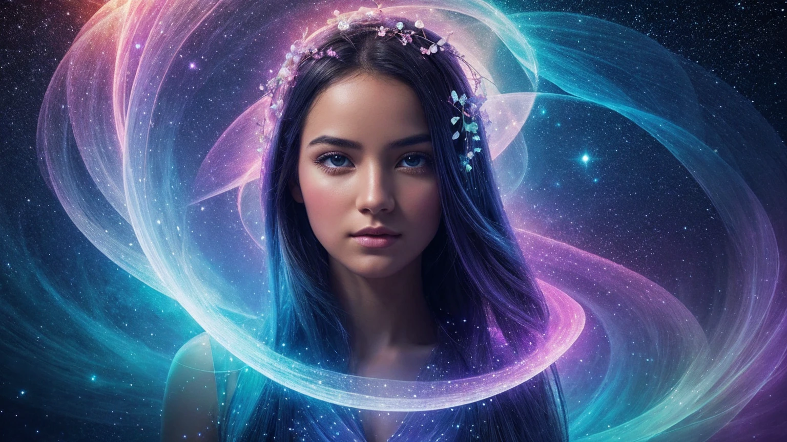 8. A breathtaking, ultra-detailed and photorealistic portrait of a beautiful young woman with long, dark hair. Her expressive eyes are accentuated with subtle yet striking makeup, drawing the viewer into her captivating gaze. The woman is surrounded by an ethereal array of flowers, with her face as the focal point of the composition. In the foreground, a mesmerizing gradient flower unfolds, its petals transitioning from a soft, light yellow to a vibrant peach, accompanied by a harmonious blend of complementary hues. This central floral element serves as a visual anchor, bridging the gap between the portrait and the fantastical background. The scene unfolds on an alien world, with exotic, luminous planets hanging in the sky. The color palette is a delicate balance of soft, dreamy tones and bold, contrasting shades, creating a sense of otherworldly beauty. Shimmering, translucent petals float around the woman, catching and refracting light in mesmerizing patterns. In the background, swirling currents of cerulean matter dance and twist, reminiscent of nebulae or cosmic rivers. Glittering particles of stardust hang suspended in the air, casting a soft, magical glow over the entire scene. Bioluminescent alien flora dot the landscape, their gentle radiance adding depth and intrigue to the composition. The lighting is masterfully crafted, with a mix of soft, diffused light and sharp, directional beams that highlight key elements of the image. This interplay of light and shadow adds dimension and drama, enhancing the overall sense of magic and wonder. Delicate tendrils of energy or aether weave through the air, connecting the woman to her surreal surroundings. These ethereal strands pulse with a soft, rhythmic glow, suggesting a deep, mystical connection between the subject and the cosmos. The woman's expression is one of serene confidence, hinting at hidden knowledge or inner power. Her hair flows gracefully, intertwining with the surrounding flowers and cosmic energies