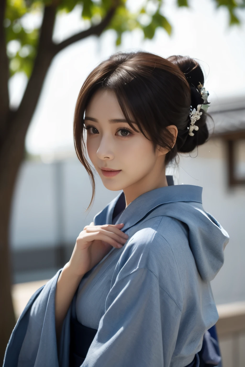 (best quality,highres,ultra-detailed),((portrait )),1beautiful Japanese lady,((hair up)),beautiful detailed eyes,beautiful detailed lips,extremely detailed face,longeyelashes,soft smile,flowing hair,natural lighting, wearling japanese elegant Kimono,