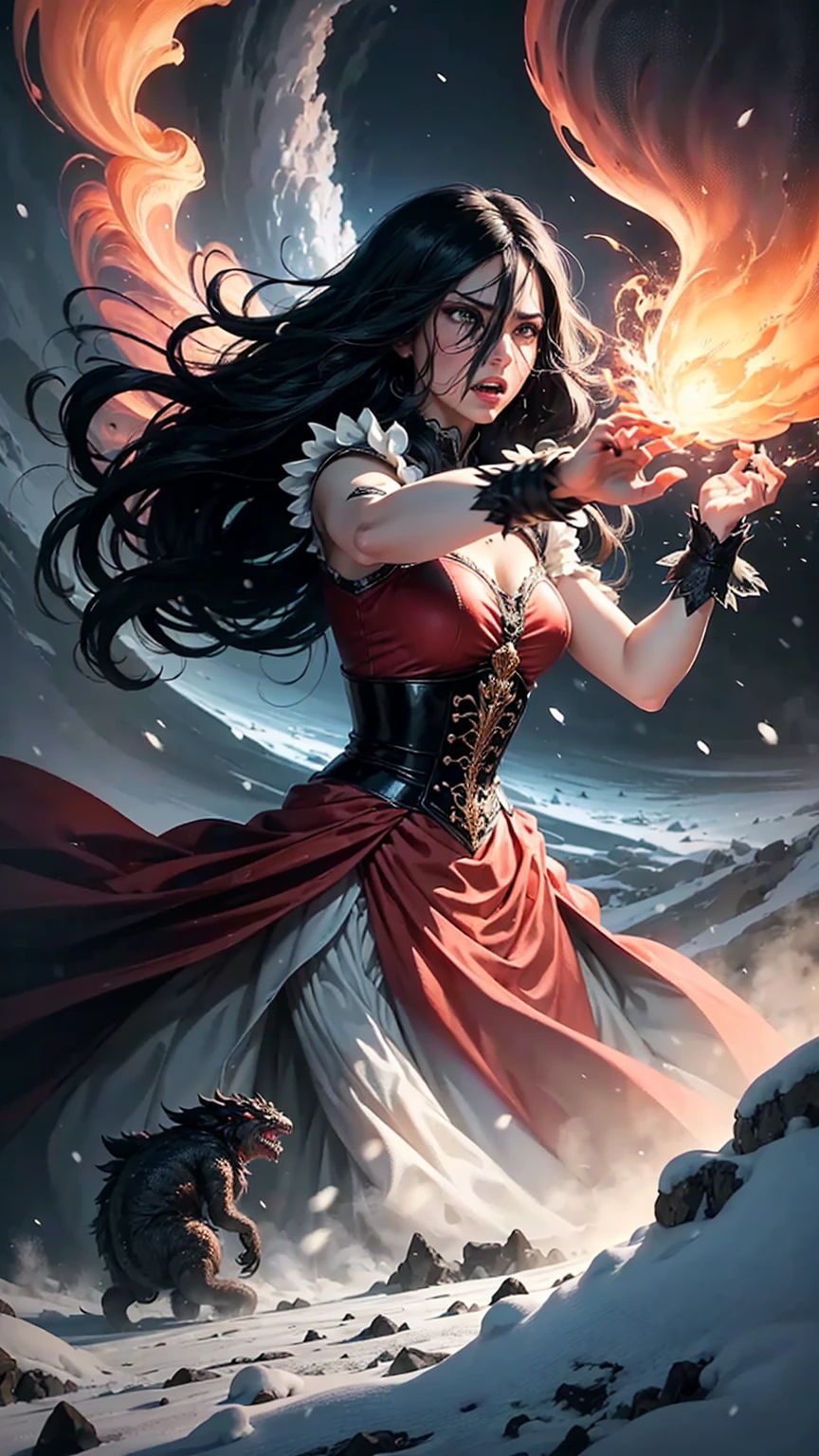 ((best quality)), ((masterpiece)), (detailed), A digital illustration of a furious long black haired women wearing a peach-colored princess dress summoning a snow tornado with monsters in the background.