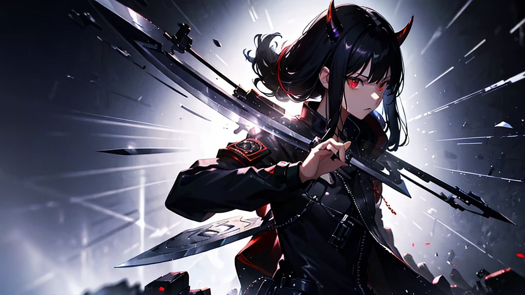 masterpiece, Highest quality 1girl, Black Hair, black Jacket, Blurred, Blurred background, chest, Depth of written boundary, Shine, Shine eyes, Helmet, horn, Jacket, jewelry, knife, Long Hair, View your viewers, mask, medium chest, necklace, Neon Light, oni mask, Open clothes, open Jacket, Outdoor, rain, Red eyes, warrior, sheath, sheathed, shirt, alone, sword, tattoo, teeth, Upper Body, arms, white shirt, zipper