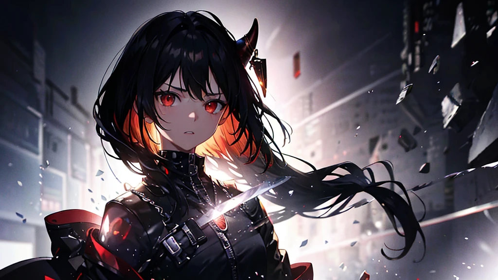 masterpiece, Highest quality 1girl, Black Hair, black Jacket, Blurred, Blurred background, chest, Depth of written boundary, Shine, Shine eyes, Helmet, horn, Jacket, jewelry, knife, Long Hair, View your viewers, mask, medium chest, necklace, Neon Light, oni mask, Open clothes, open Jacket, Outdoor, rain, Red eyes, warrior, sheath, sheathed, shirt, alone, sword, tattoo, teeth, Upper Body, arms, white shirt, zipper