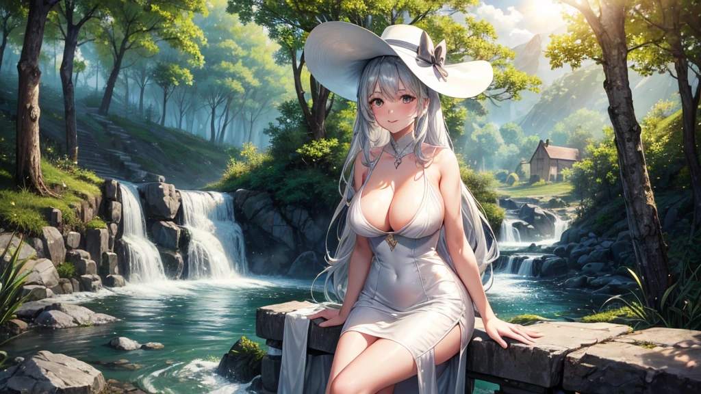 1girl, solo, rural landscape, village, trees, sun, water stream, clouds, fantasy, silver hair, long hair, huge breasts, nipples, white dress, ((short dress)), silver high heels, cleavage 1:3, elegant white hat, brown eyes, smile, looking at the viewer, sitting on a stone, golden necklate