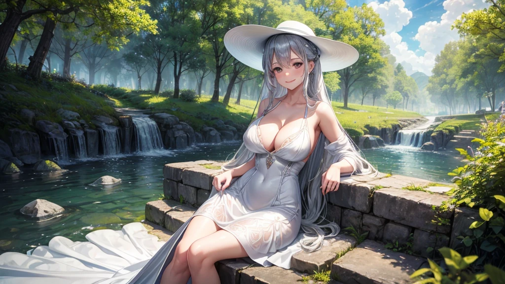 1girl, solo, rural landscape, village, trees, sun, water stream, clouds, fantasy, silver hair, long hair, huge breasts, nipples, white dress, ((short dress)), silver high heels, cleavage 1:3, elegant white hat, brown eyes, smile, looking at the viewer, sitting on a stone, golden necklate