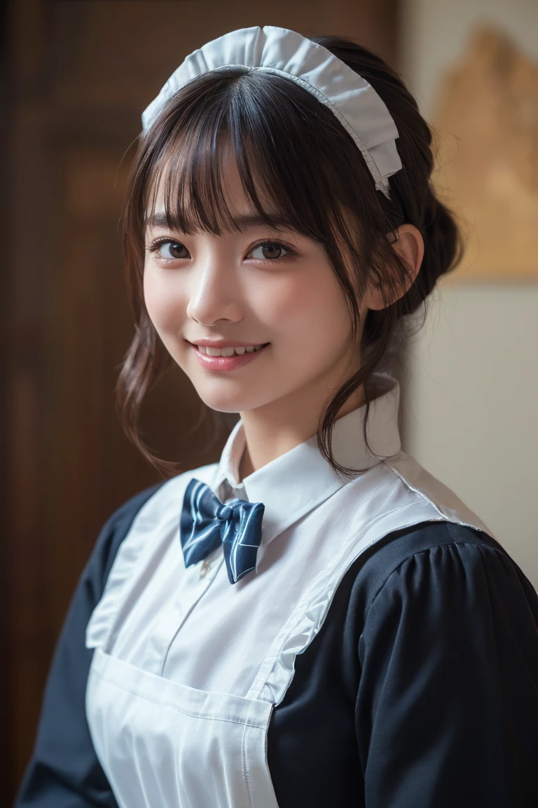 (8k, RAW Photos, Highest quality, masterpiece:1.2), High-definition RAW color photos, Professional photos, Cowboy Shot, (Realistic, photo Realistic:1.37), ((Highest quality)), 1 girl, Cinematic Light, (Detailed painted face:1.2), (masterpiece:1.5), (Highest quality:1.2), (smile:1.2), (View your viewers:1.2), bow tie, (Maid Details:1.2)、 (Mature)
