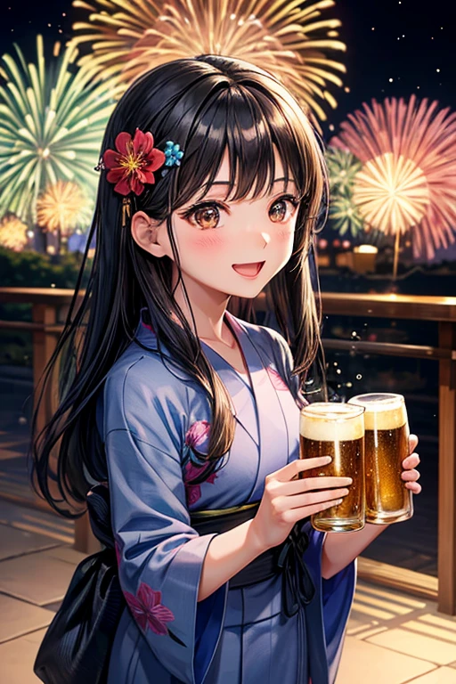 One adult woman,Small ,Black Hair,Medium Long,flower_hair ornaments,Dark brown eyes,light blue_yukata,flower柄_yukata,night,firework,A very happy expression,Mouth wide open,smile,Toasting with beer,Beer with bubbles,Tasty looking beer