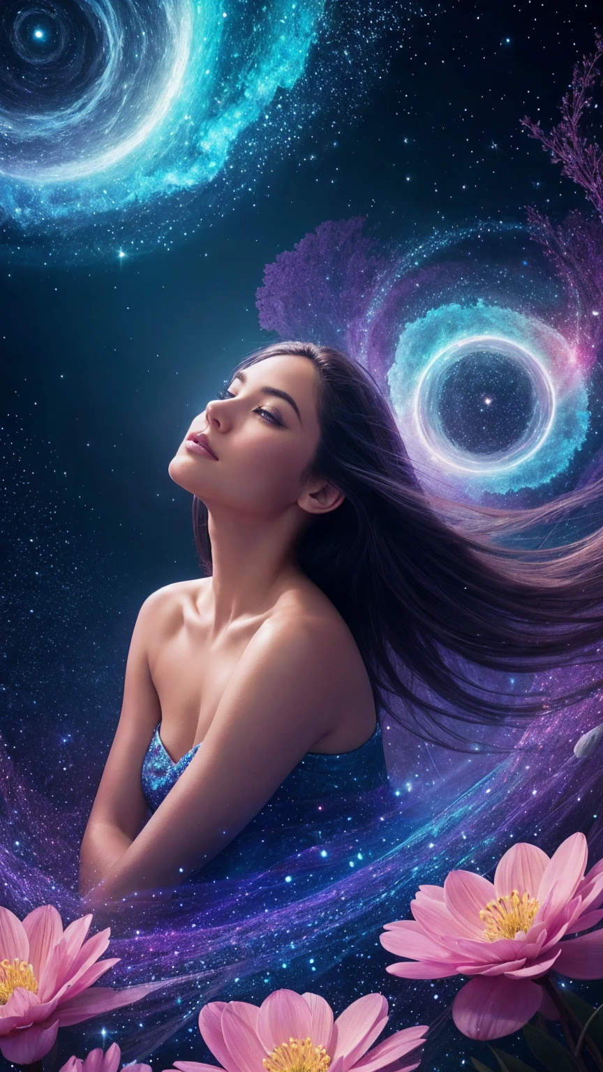 8. A breathtaking, ultra-detailed and photorealistic portrait of a beautiful young woman with long, dark hair. Her expressive eyes are accentuated with subtle yet striking makeup, drawing the viewer into her captivating gaze. The woman is surrounded by an ethereal array of flowers, with her face as the focal point of the composition. In the foreground, a mesmerizing gradient flower unfolds, its petals transitioning from a soft, light yellow to a vibrant peach, accompanied by a harmonious blend of complementary hues. This central floral element serves as a visual anchor, bridging the gap between the portrait and the fantastical background. The scene unfolds on an alien world, with exotic, luminous planets hanging in the sky. The color palette is a delicate balance of soft, dreamy tones and bold, contrasting shades, creating a sense of otherworldly beauty. Shimmering, translucent petals float around the woman, catching and refracting light in mesmerizing patterns. In the background, swirling currents of cerulean matter dance and twist, reminiscent of nebulae or cosmic rivers. Glittering particles of stardust hang suspended in the air, casting a soft, magical glow over the entire scene. Bioluminescent alien flora dot the landscape, their gentle radiance adding depth and intrigue to the composition. The lighting is masterfully crafted, with a mix of soft, diffused light and sharp, directional beams that highlight key elements of the image. This interplay of light and shadow adds dimension and drama, enhancing the overall sense of magic and wonder. Delicate tendrils of energy or aether weave through the air, connecting the woman to her surreal surroundings. These ethereal strands pulse with a soft, rhythmic glow, suggesting a deep, mystical connection between the subject and the cosmos. The woman's expression is one of serene confidence, hinting at hidden knowledge or inner power. Her hair flows gracefully, intertwining with the surrounding flowers and cosmic energies