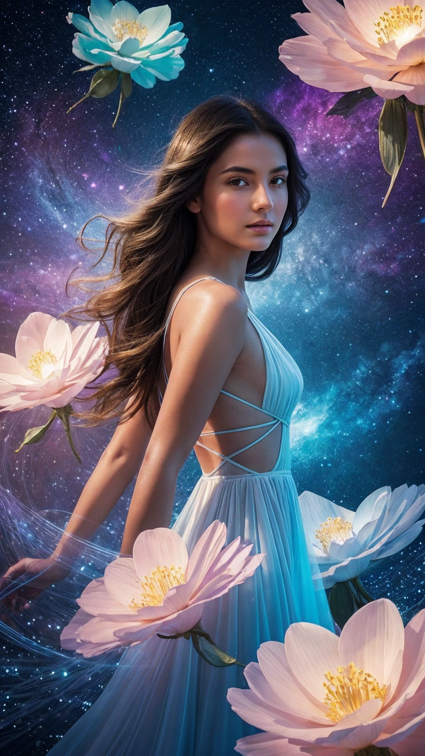 8. A breathtaking, ultra-detailed and photorealistic portrait of a beautiful young woman with long, dark hair. Her expressive eyes are accentuated with subtle yet striking makeup, drawing the viewer into her captivating gaze. The woman is surrounded by an ethereal array of flowers, with her face as the focal point of the composition. In the foreground, a mesmerizing gradient flower unfolds, its petals transitioning from a soft, light yellow to a vibrant peach, accompanied by a harmonious blend of complementary hues. This central floral element serves as a visual anchor, bridging the gap between the portrait and the fantastical background. The scene unfolds on an alien world, with exotic, luminous planets hanging in the sky. The color palette is a delicate balance of soft, dreamy tones and bold, contrasting shades, creating a sense of otherworldly beauty. Shimmering, translucent petals float around the woman, catching and refracting light in mesmerizing patterns. In the background, swirling currents of cerulean matter dance and twist, reminiscent of nebulae or cosmic rivers. Glittering particles of stardust hang suspended in the air, casting a soft, magical glow over the entire scene. Bioluminescent alien flora dot the landscape, their gentle radiance adding depth and intrigue to the composition. The lighting is masterfully crafted, with a mix of soft, diffused light and sharp, directional beams that highlight key elements of the image. This interplay of light and shadow adds dimension and drama, enhancing the overall sense of magic and wonder. Delicate tendrils of energy or aether weave through the air, connecting the woman to her surreal surroundings. These ethereal strands pulse with a soft, rhythmic glow, suggesting a deep, mystical connection between the subject and the cosmos. The woman's expression is one of serene confidence, hinting at hidden knowledge or inner power. Her hair flows gracefully, intertwining with the surrounding flowers and cosmic energies