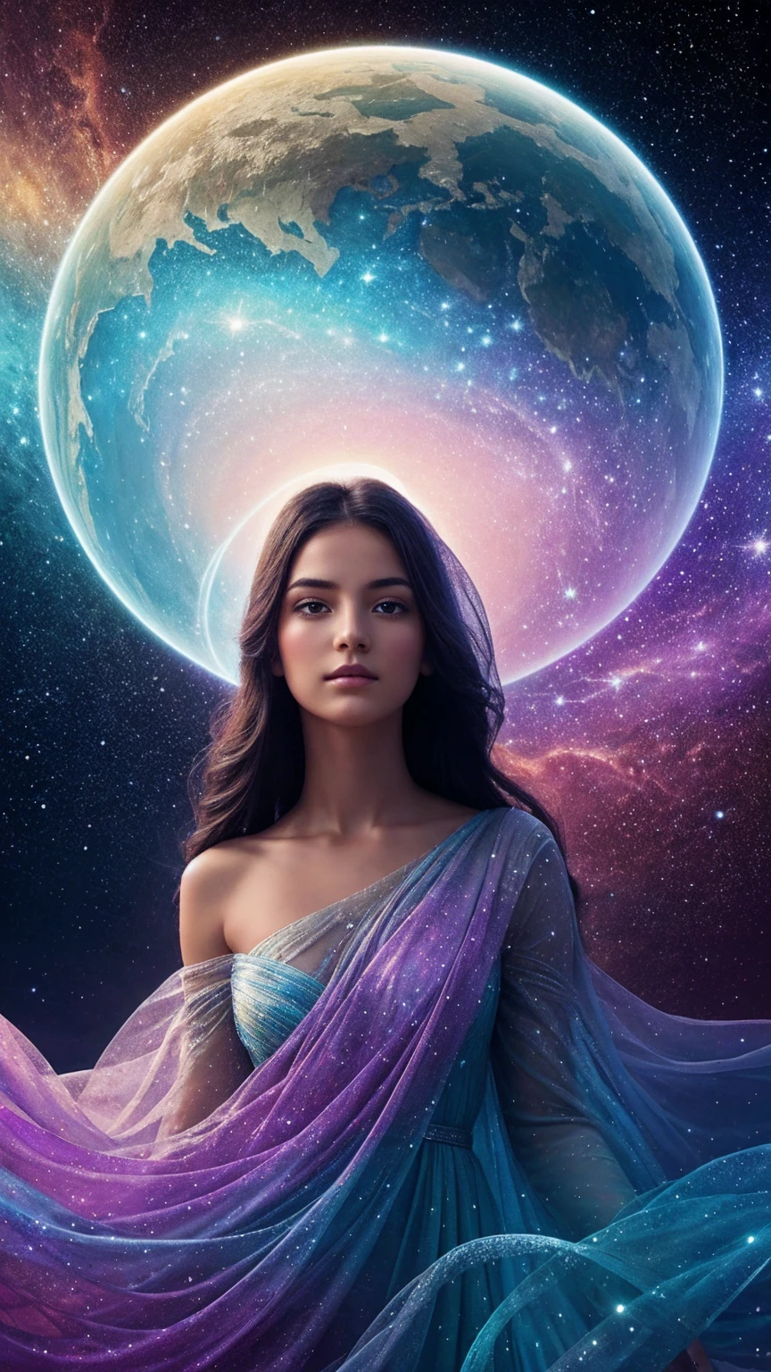 8. A breathtaking, ultra-detailed and photorealistic portrait of a beautiful young woman with long, dark hair. Her expressive eyes are accentuated with subtle yet striking makeup, drawing the viewer into her captivating gaze. The woman is surrounded by an ethereal array of flowers, with her face as the focal point of the composition. In the foreground, a mesmerizing gradient flower unfolds, its petals transitioning from a soft, light yellow to a vibrant peach, accompanied by a harmonious blend of complementary hues. This central floral element serves as a visual anchor, bridging the gap between the portrait and the fantastical background. The scene unfolds on an alien world, with exotic, luminous planets hanging in the sky. The color palette is a delicate balance of soft, dreamy tones and bold, contrasting shades, creating a sense of otherworldly beauty. Shimmering, translucent petals float around the woman, catching and refracting light in mesmerizing patterns. In the background, swirling currents of cerulean matter dance and twist, reminiscent of nebulae or cosmic rivers. Glittering particles of stardust hang suspended in the air, casting a soft, magical glow over the entire scene. Bioluminescent alien flora dot the landscape, their gentle radiance adding depth and intrigue to the composition. The lighting is masterfully crafted, with a mix of soft, diffused light and sharp, directional beams that highlight key elements of the image. This interplay of light and shadow adds dimension and drama, enhancing the overall sense of magic and wonder. Delicate tendrils of energy or aether weave through the air, connecting the woman to her surreal surroundings. These ethereal strands pulse with a soft, rhythmic glow, suggesting a deep, mystical connection between the subject and the cosmos. The woman's expression is one of serene confidence, hinting at hidden knowledge or inner power. Her hair flows gracefully, intertwining with the surrounding flowers and cosmic energies