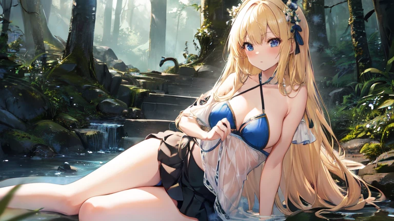 super high quality, Super detailed, Ultra-clear, forest, one person, long blonde hair, sleep, Swimsuit, beautiful color clothes, mini skirt, Stockings, Sexy