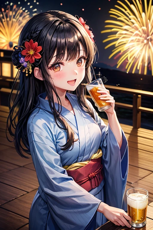 One adult woman,Small ,Black Hair,Medium Long,flower_hair ornaments,Dark brown eyes,light blue_yukata,flower柄_yukata,night,firework,A very happy expression,Mouth wide open,smile,Toasting with beer,Beer with bubbles,Tasty looking beer