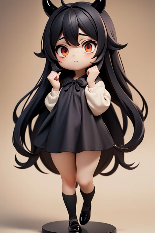 Young Girl,,Wearing a one-piece dress,Mini character,Red eyes,Black Hair,Long Hair,Dark atmosphere,Deformed character,Horns growing,Ahoge,Pale skin,eyes are half closed,Troubled face
