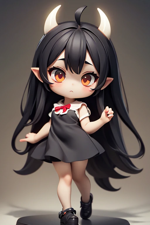 Young Girl,,Wearing a one-piece dress,Mini character,Red eyes,Black Hair,Long Hair,Dark atmosphere,Deformed character,Horns growing,Ahoge,Pale skin,eyes are half closed,Troubled face
