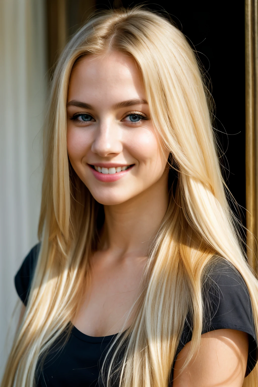 hyper realistic,,aqheodd, realistic style, a woman with long blonde hair and a black top, 1girl, solo, long hair, looking at viewer, smile, blue eyes, blonde hair, upper body, lips, realistic, sharp focus, intricate, elegant, highly detailed, very artistic, background, colorful, light, magical, thought, magic, illuminated