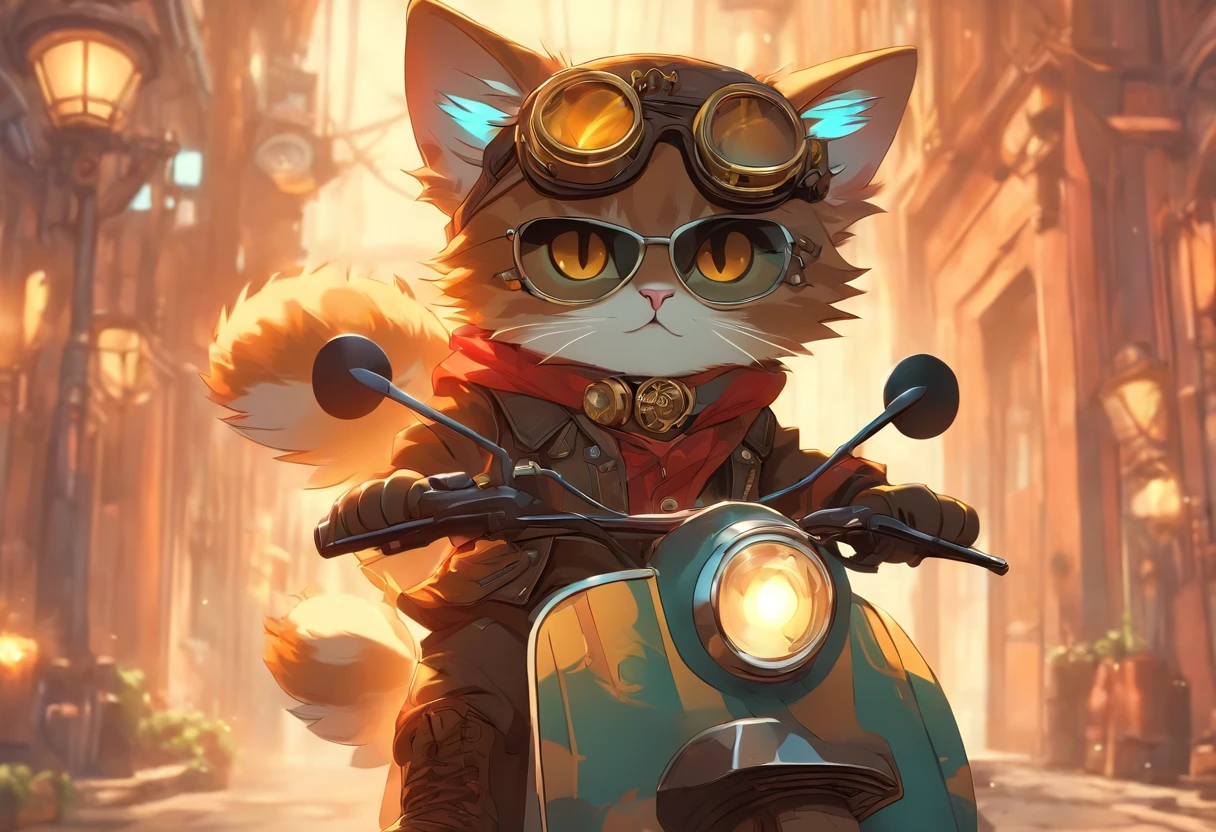 Concept Art, A steampunk kitten with boots sitting on a vespa moped with sunglasses, vector, geometric tshirt design