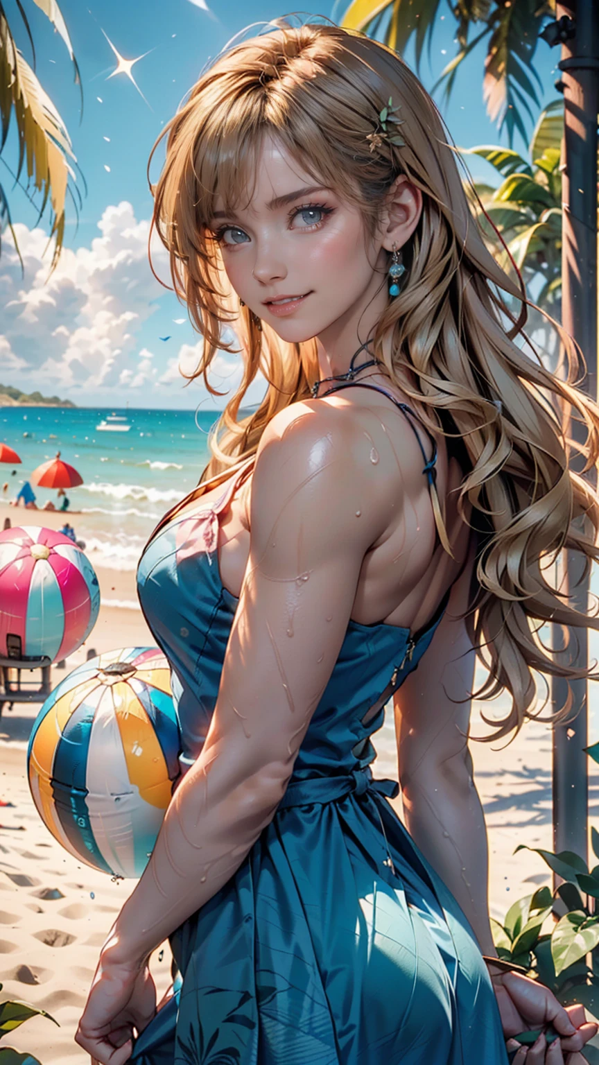 Delicate and beautiful CG art),(Highest quality, Very detailed, High resolution),(Dynamic Angle, Dynamic Lighting),(one character),(Long pink and blonde hair), blue eyes, Beautiful Face), 1 girl, (Long sideburns, plant, smile, long blue dress, 3 days, Ocean, water, Beach ball, shell, sunny, the wind is strong