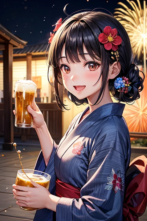 One adult woman,Small ,Black Hair,Medium Long,flower_hair ornaments,Dark brown eyes,light blue_yukata,flower柄_yukata,night,firework,A very happy expression,Mouth wide open,smile,Toasting with beer,Beer with bubbles,One tasty beer