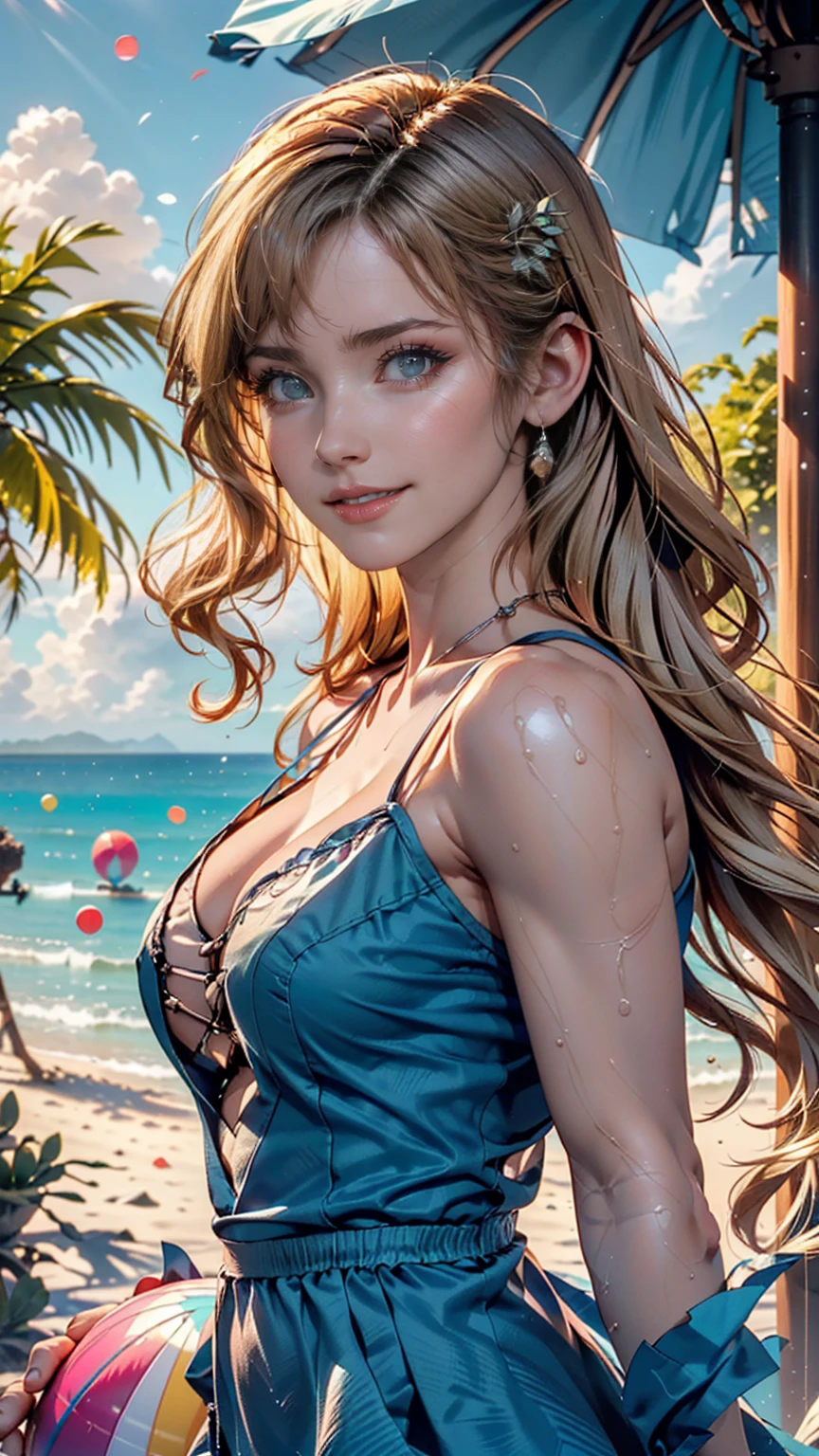 Delicate and beautiful CG art),(Highest quality, Very detailed, High resolution),(Dynamic Angle, Dynamic Lighting),(one character),(Long pink and blonde hair), blue eyes, Beautiful Face), 1 girl, (Long sideburns, plant, smile, long blue dress, 3 days, Ocean, water, Beach ball, shell, sunny, the wind is strong