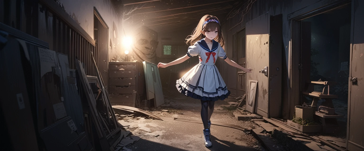 (Highest quality,4K,High resolution),Very detailed,Realistic, Japanese , Looks scared, Long brown hair,Mysterious, Ecomodernism, Bokeh, Ribbon Headband,Small breasts,futuristic sailor ta dress,Puff sleeves,White and blue,Colorful lighting, Red ribbon, Dark blue pantyhose,sports boots, Have a flashlight, Walking alone through a haunted abandoned house, At night, Low light, darkness, Very detailed, 4K.