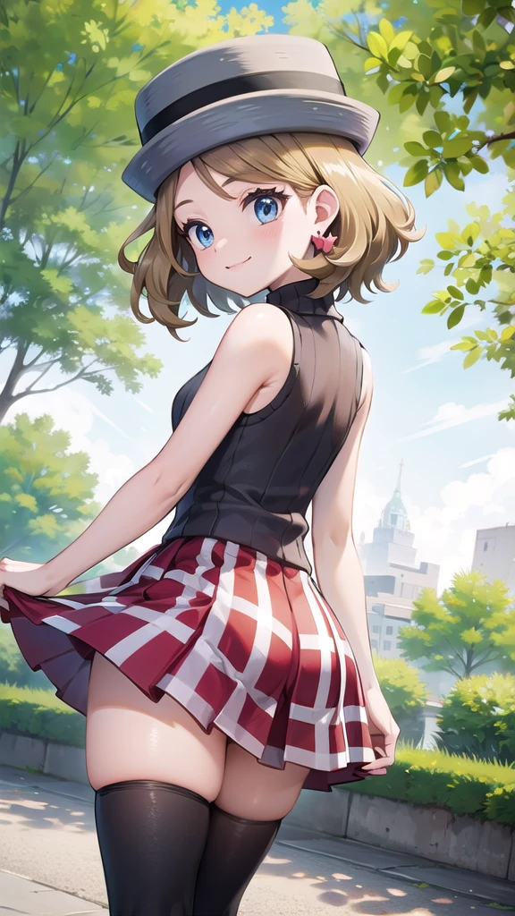 Masterpiece, perfect lighting, (beautiful, Best quality: 1.3), Perfect eyes, perfect ???????, absurd, 8k, ccserena, solo, short hair, smile, in loved, (gray hats: 1.2), earrings, eyelashes, blue eyes, gray sweater, vest , sleeveless turtleneck, bare arms, plaid skirt, red skirt, thigh highs, black stockings, from behind, in the park at day