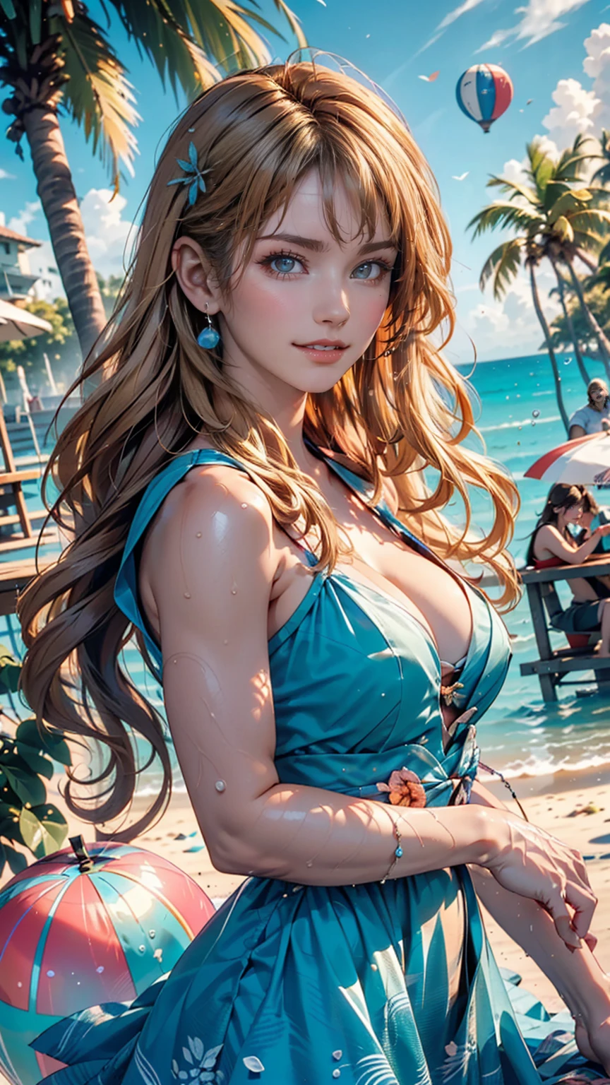 Delicate and beautiful CG art),(Highest quality, Very detailed, High resolution),(Dynamic Angle, Dynamic Lighting),(one character),(Long pink and blonde hair), blue eyes, Beautiful Face), 1 girl, (Long sideburns, plant, smile, long blue dress, 3 days, Ocean, water, Beach ball, shell, sunny, the wind is strong