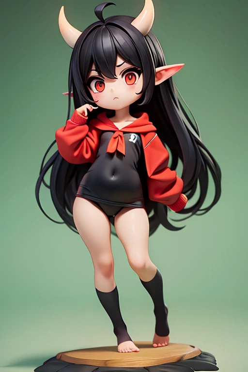Young Girl,,Mini character,Red eyes,Black Hair,Long Hair,Dark atmosphere,Deformed character,Horns growing,Devil horns,Ahoge,Pale skin,eyes are half closed,Troubled face,Shoulder sticking out,Tight-fitting clothing,Yoga Suit,barefoot,barefoot,School Swimsuit,School swimsuit