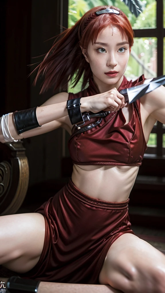 Moisturized skin, (red eyes), realistic body, (adult female body), heartless, (), (young girl),
BREAK,
bright red lipstick, (beautiful navel),
BREAK,
((masterpiece + highest quality + high resolution + highly detailed)), (full body: 1.2), symmetrical, one shot,
BREAK,
(leaves fluttering), (wind blowing), (battle stance: 1.4),
BREAK,
(large Japanese sword), ninja clothes, inside a mansion, assassination, a ninja with a sword creeps through a mansion, has a cut, long hair, ponytail, red hair, sword, cross mark on left cheek,