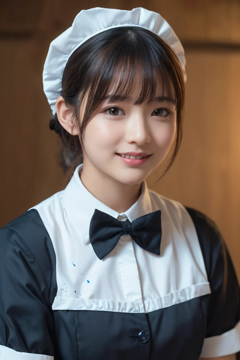 (8k, RAW Photos, Highest quality, masterpiece:1.2), High-definition RAW color photos, Professional photos, Cowboy Shot, (Realistic, photo Realistic:1.37), ((Highest quality)), 1 girl, Cinematic Light, (Detailed painted face:1.2), (masterpiece:1.5), (Highest quality:1.2), (smile:1.2), (View your viewers:1.2), bow tie, (Maid Details:1.2)、 (Mature)、 (Mature look)