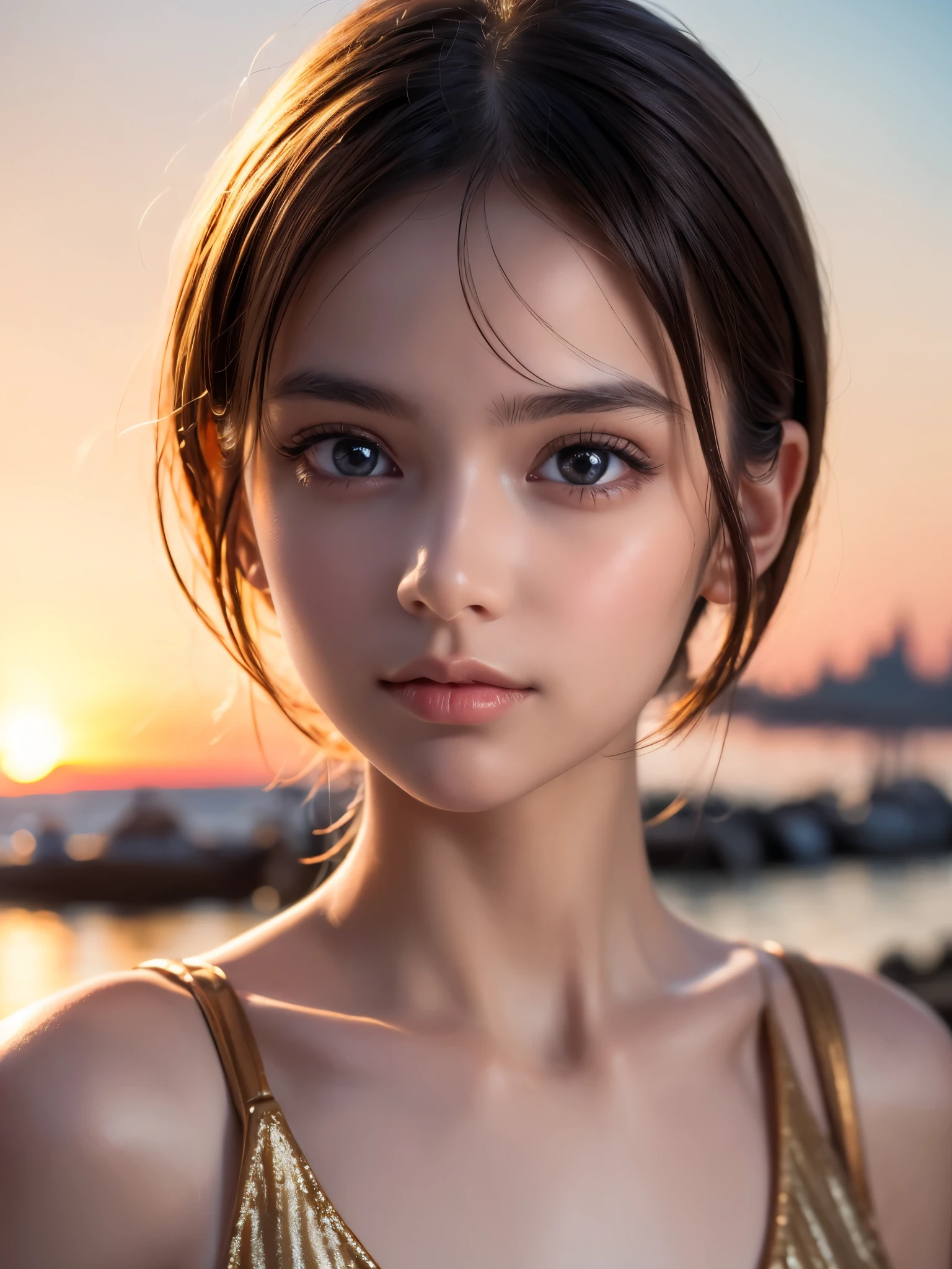 One Girl,(1人のとてもcute女の子:1.3),masterpiece,Highest quality,High resolution,From below,Low - Angle,Photorealistic,RAW Photos,Ray Tracing,Physically Based Rendering,beautiful girl,(15 years old:1.3),cute,Big eyes,(detailed pupils:1.2),(The face is facing straight ahead:1.3),Body facing forward,Beautiful nose,High nose,Upturned nose,Fuller lips,Short black hair,ponytail,short hair,Detailed eyelashes,Thin eyebrows,Very fine grain definition,(Symmetrical eyes,Golden Ratio:1.3),(Face close-up,Face Focus:1.0),Small breasts,Short neck,White swimsuit,White Bikini,The background is the sea,Southern Island,sunset,Sunset,Portrait,View Viewer,Upper Body,Cinema Lighting,High resolution,Very detailed