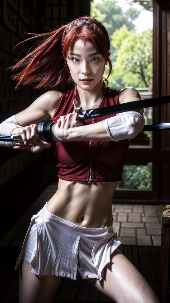Moisturized skin, (red eyes), realistic body, (adult female body), heartless, (16 years old), (young girl),
BREAK,
bright red lipstick, (beautiful navel),
BREAK,
((masterpiece + highest quality + high resolution + highly detailed)), (full body: 1.2), symmetrical, one shot,
BREAK,
(leaves fluttering), (wind blowing), (battle stance: 1.4),
BREAK,
(large Japanese sword), ninja clothes, inside a mansion, assassination, a ninja with a sword creeps through a mansion, has a cut, long hair, ponytail, red hair, sword, cross mark on left cheek,