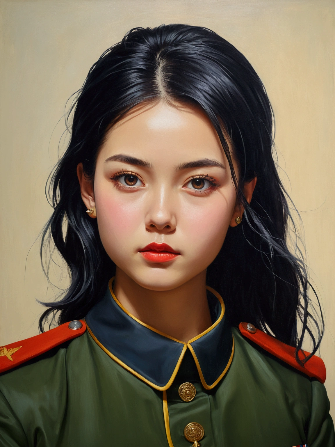 OIL PAINTING,(Style by NTY:1.4), girl,  art, black hair, intricate, colorful ，military uniform